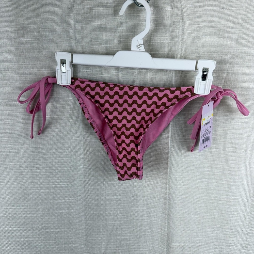 Wild Fable Bikini Bottom Womens XXS Pink Wavy Print Tie Side Cheeky Swim NWT